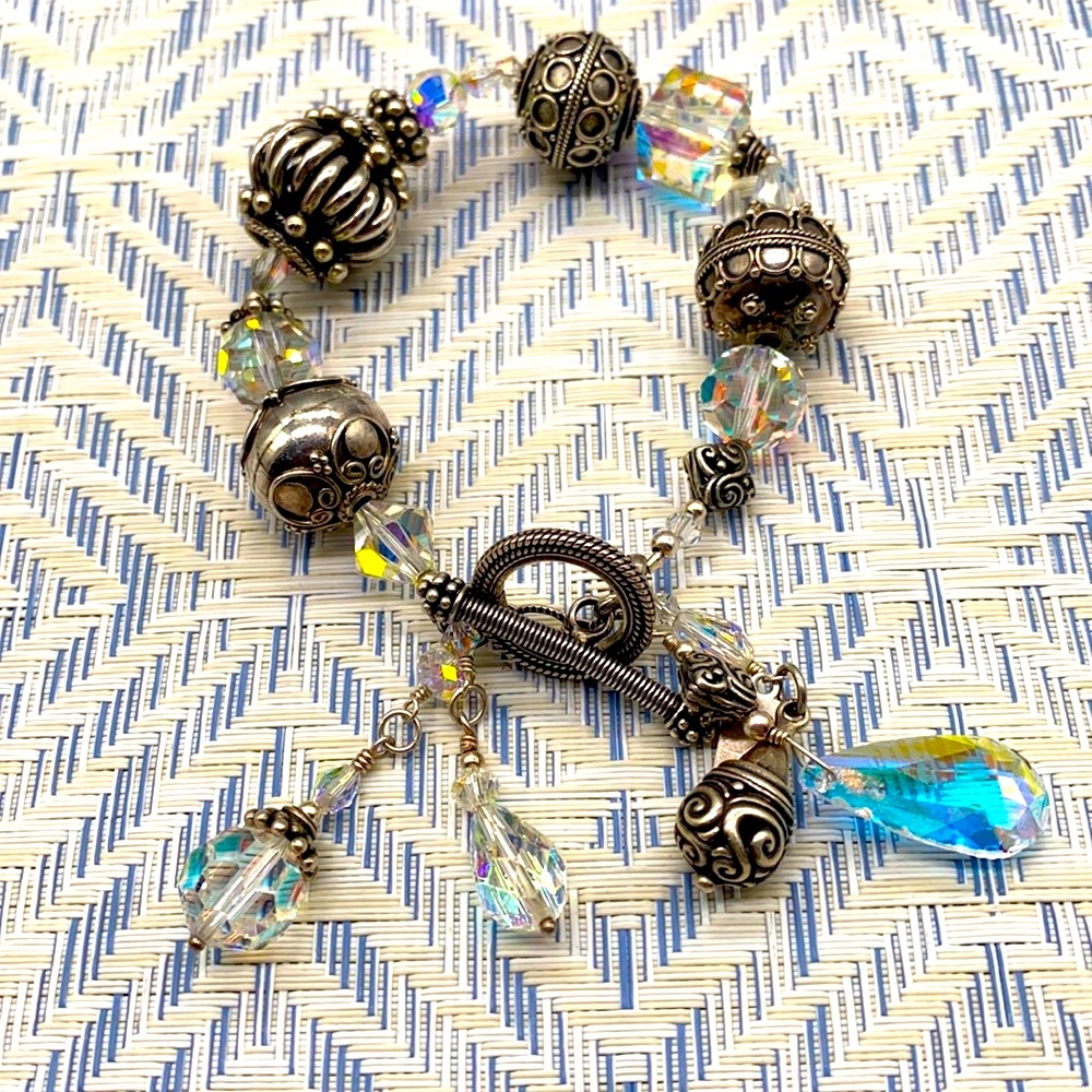 Vintage Tres Jolie sterling silver bracelet with aurora borealis beads 8 inches